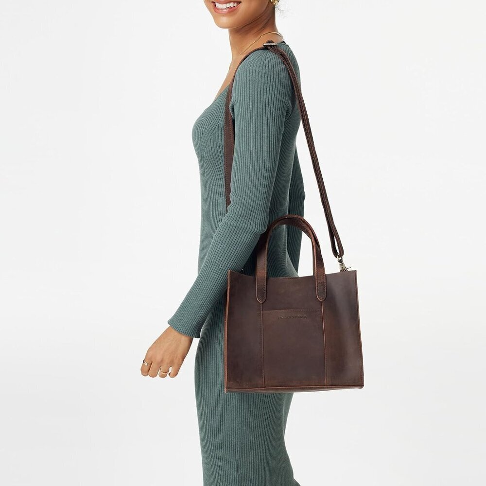 Leather Crossbody Tote Bag for Women Top Grain Crazy Horse Adjustable Strap - Picture 3 of 7